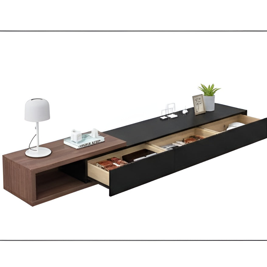 Modern entertainment console with open drawer on a white background