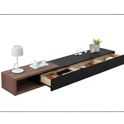 Modern entertainment console with open drawer on a white background