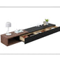 Modern entertainment console with open drawer on a white background