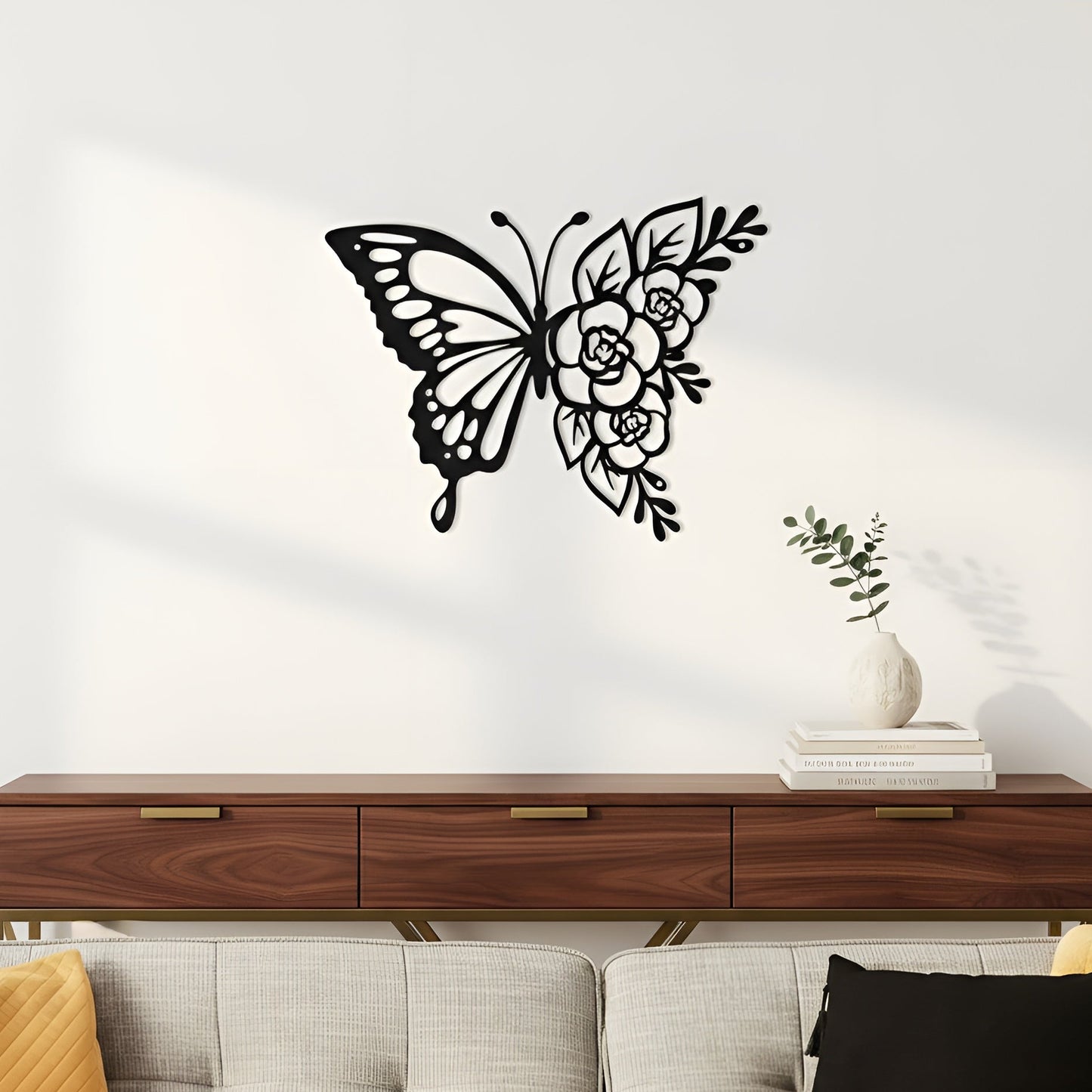 Butterfly wall decor above a wooden console table with a sofa and decorative pillows in the foreground.