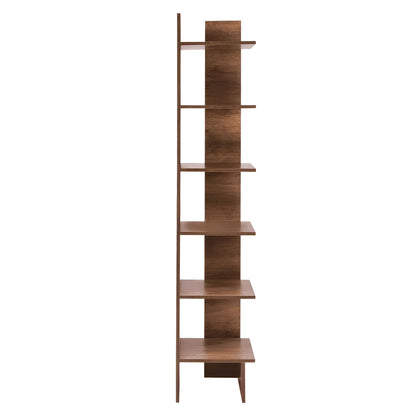Wooden bookshelf with multiple shelves on a white background