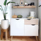 White cabinet with wooden accents in a room with a plant and decorative items.