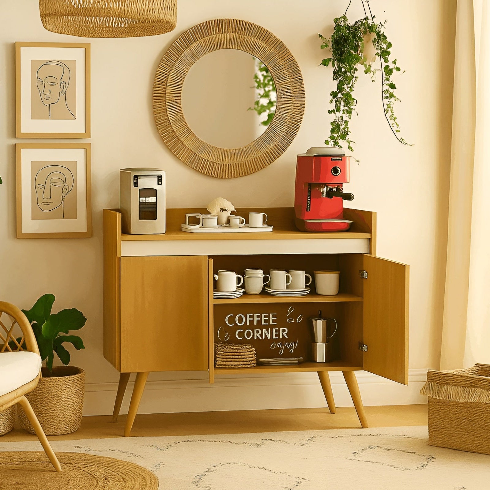 Coffee station with a wooden cabinet, coffee maker, and decor in a home setting.