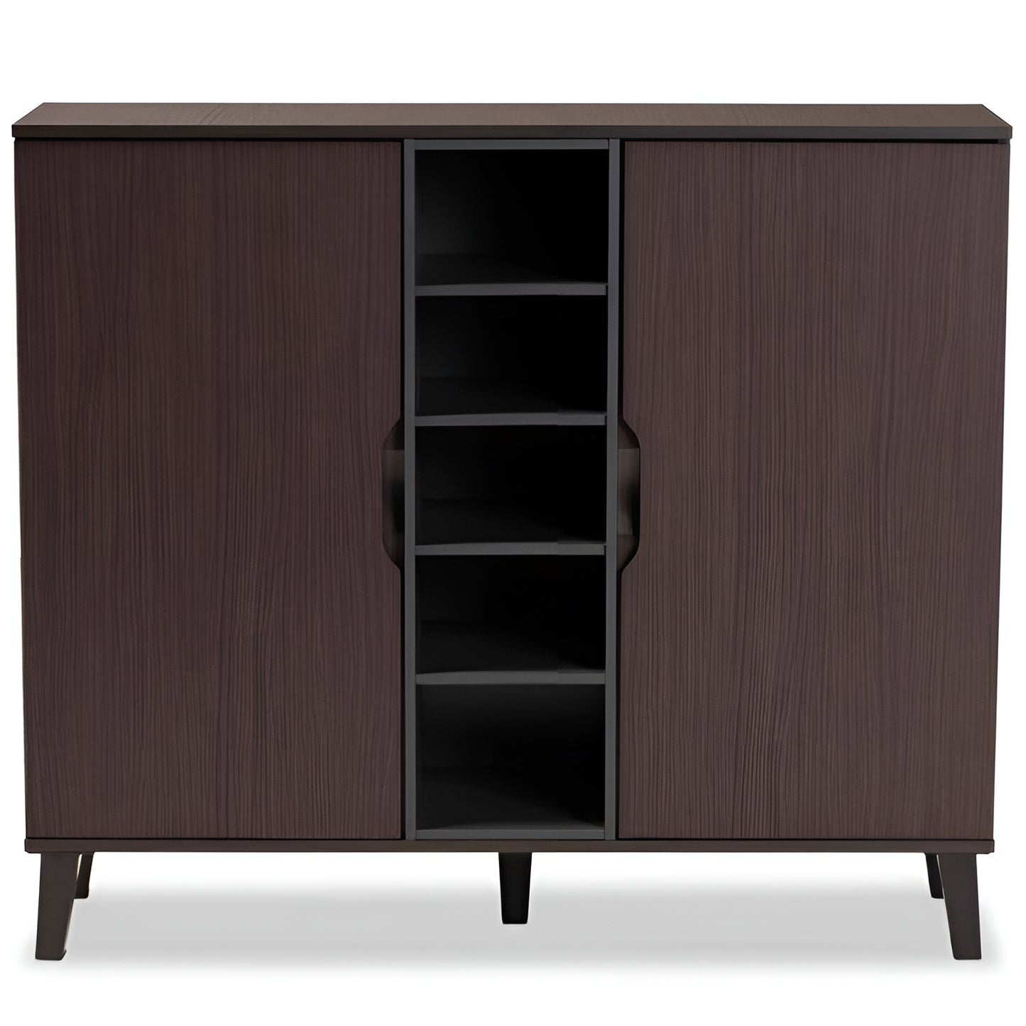 Dark wood cabinet with open shelf on a white background
