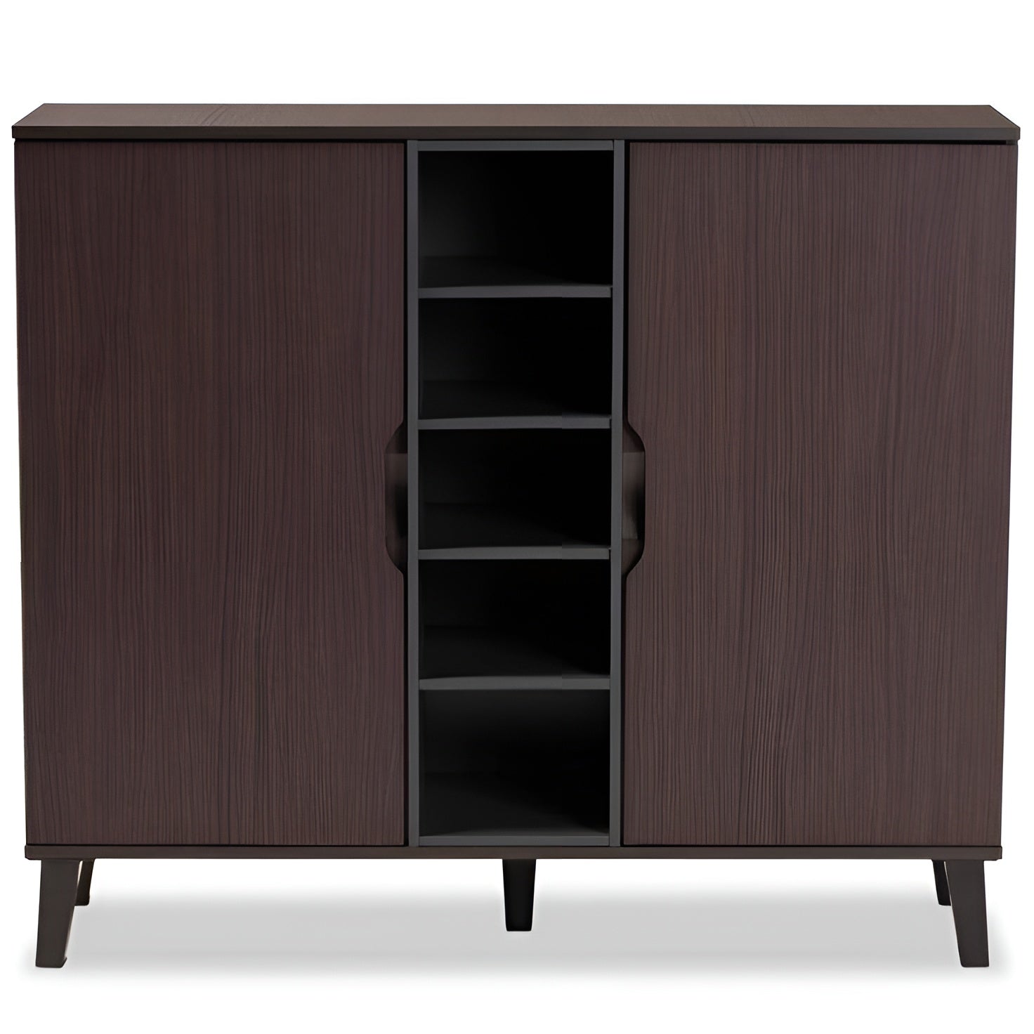 Dark wood cabinet with open shelf on a white background