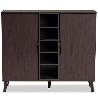 Dark wood cabinet with open shelf on a white background