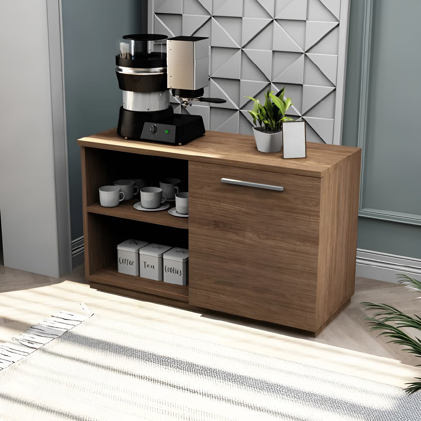 Wooden coffee station with a coffee machine, cups, and plants against a geometric wall.