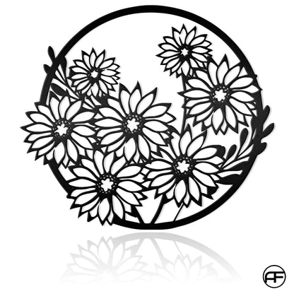 Decorative design of flowers in a circular pattern with a black outline on a white background.