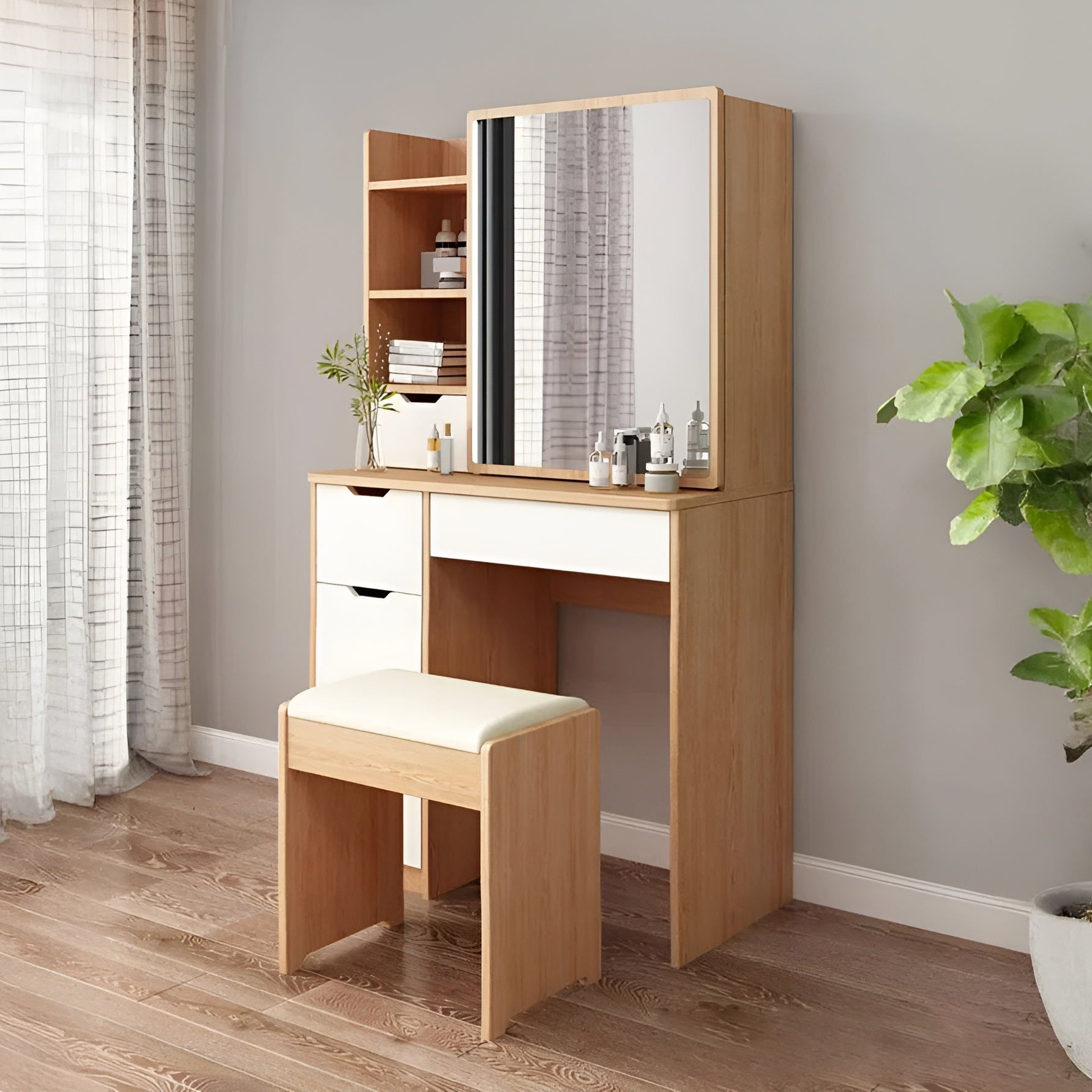 Wooden vanity with mirror and stool in a room setting