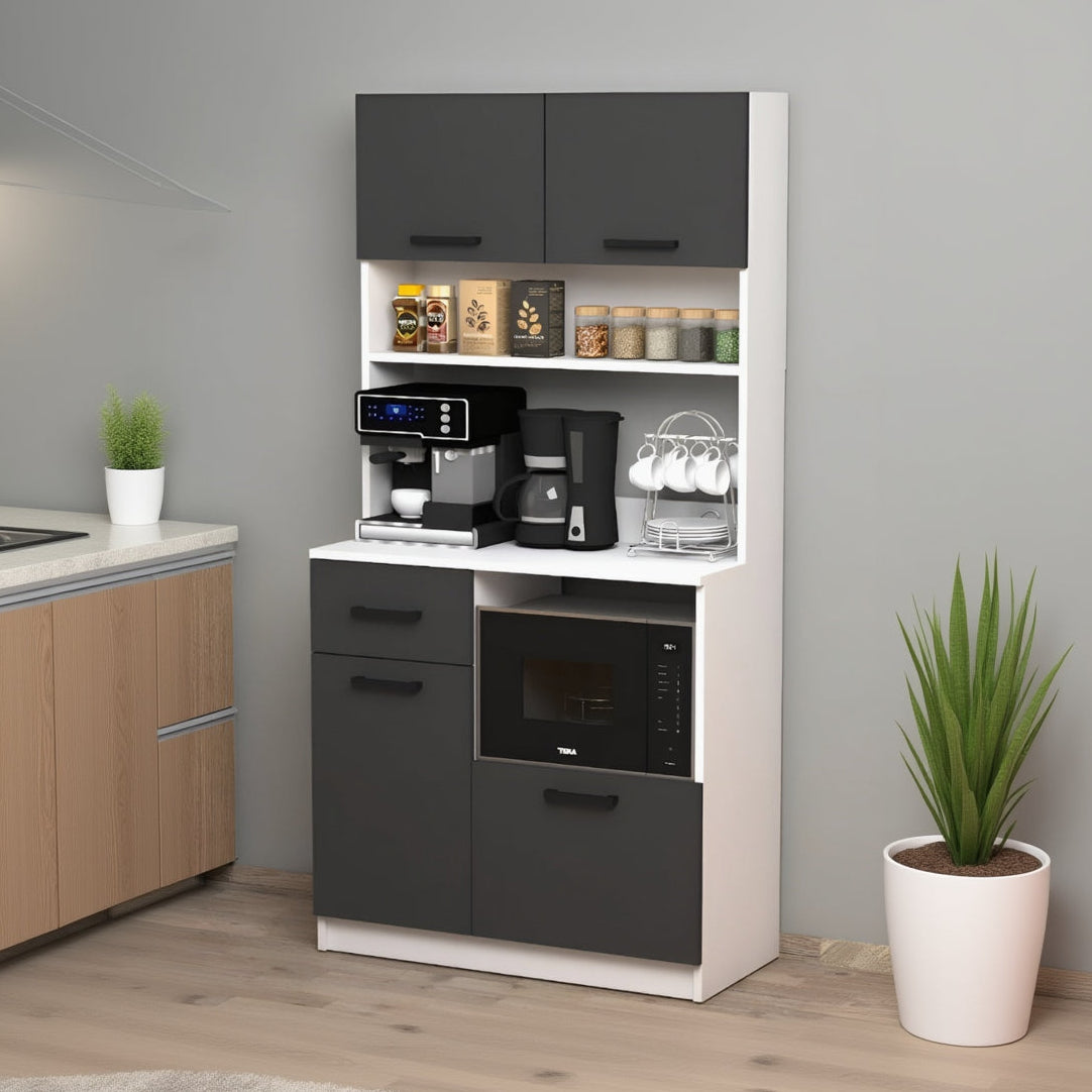 Kitchen cabinet with appliances and items on a gray background