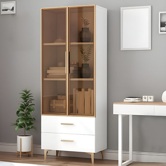 White and wooden cabinet with glass doors in a room setting.