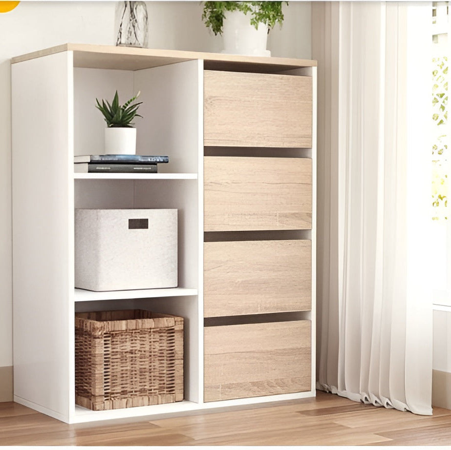 Wooden wardrobe with shelves and storage baskets in a room setting