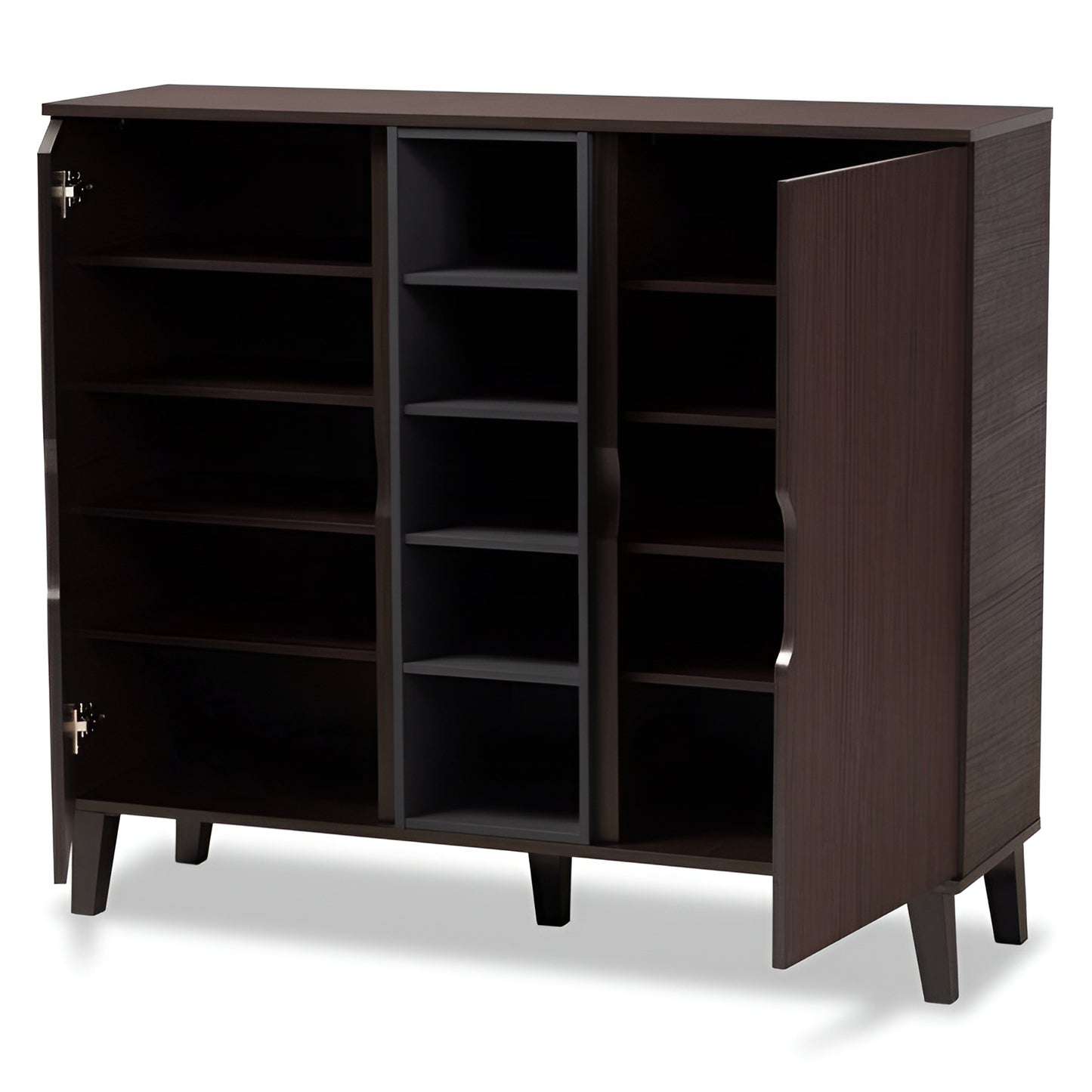 Dark wood cabinet with open doors on a white background