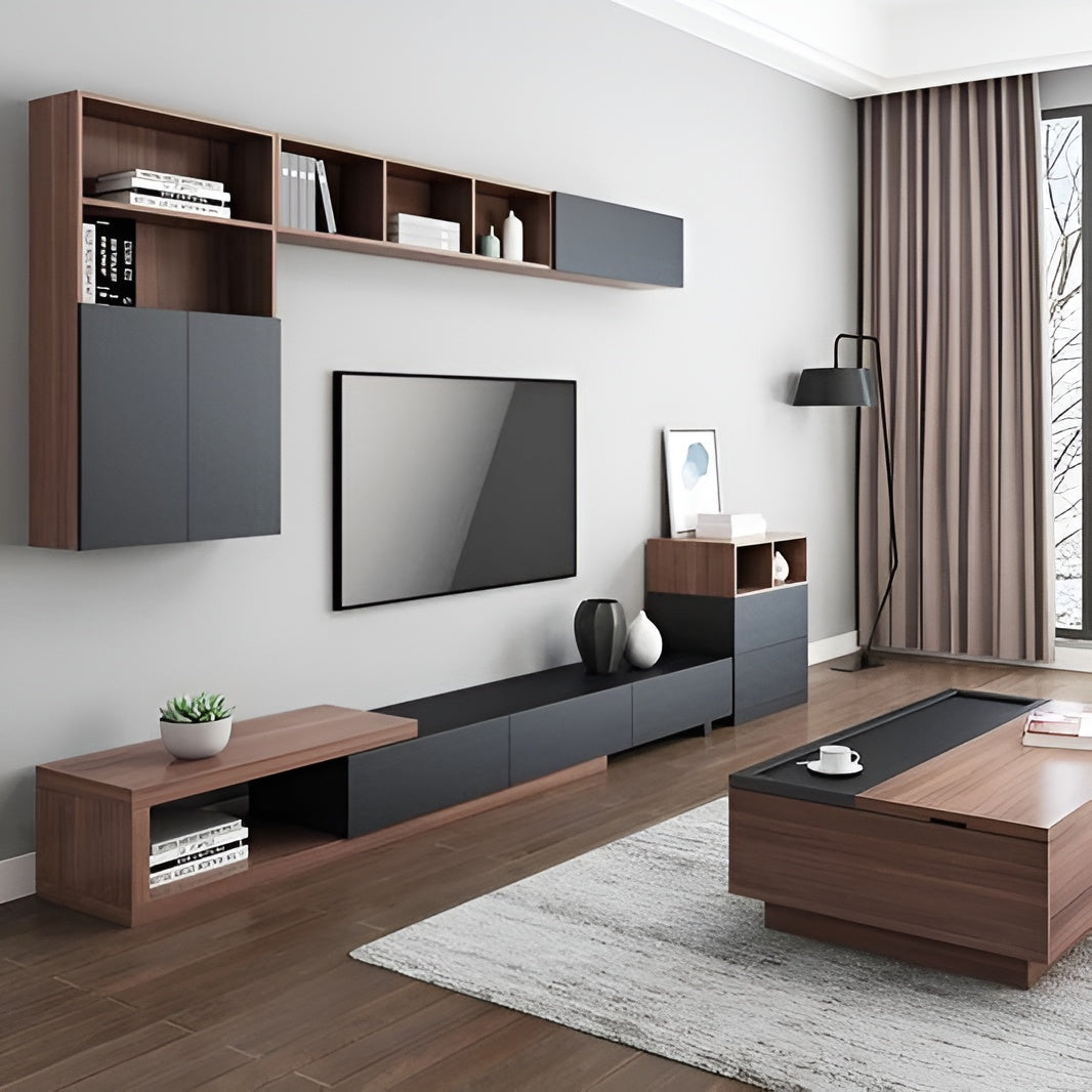 Modern living room with wooden and black furniture, including a TV stand and shelves.