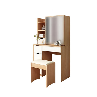 Wooden vanity with mirror and stool on a white background