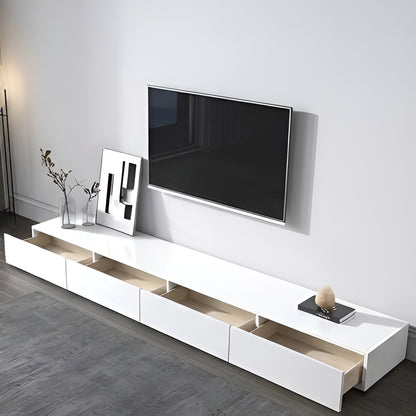 Modern living room with a white TV stand and mounted television.