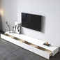 Modern living room with a white TV stand and mounted television.