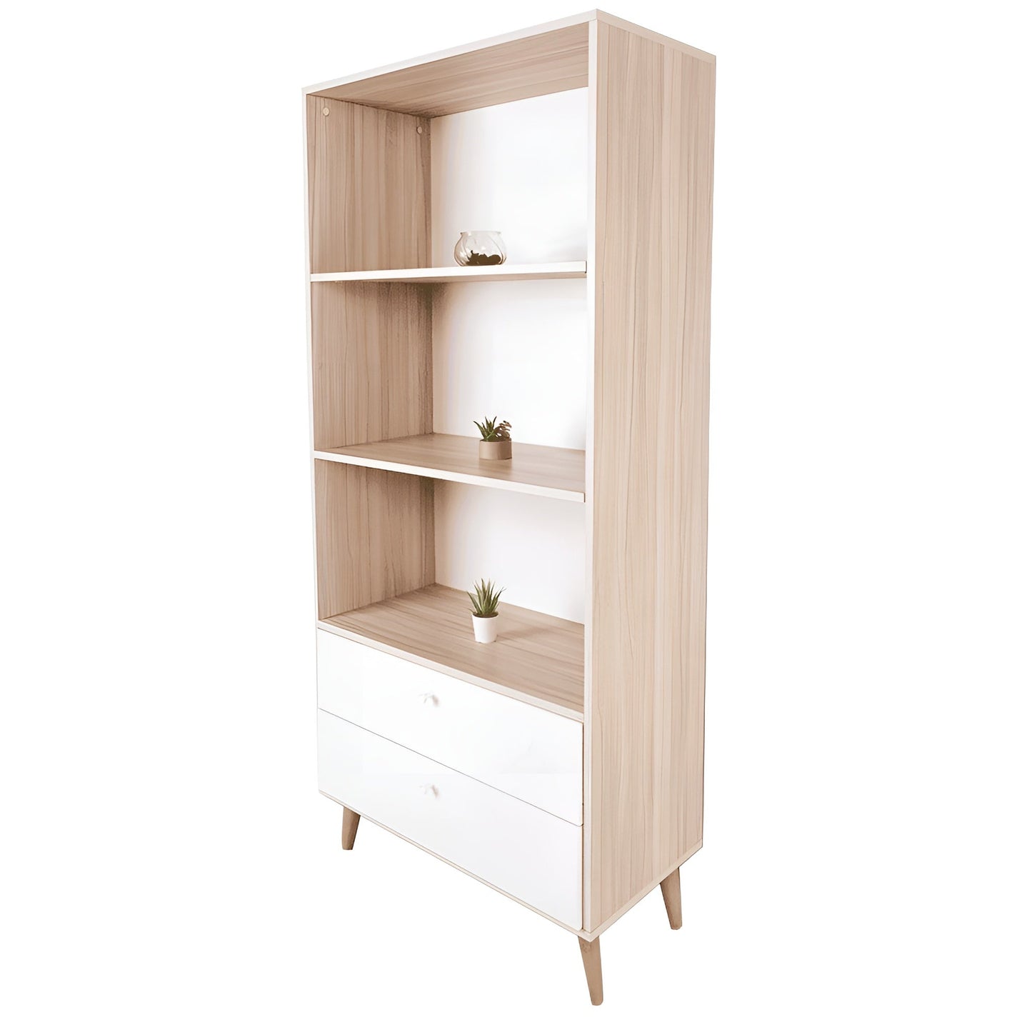 Wooden bookshelf with white base on a white background