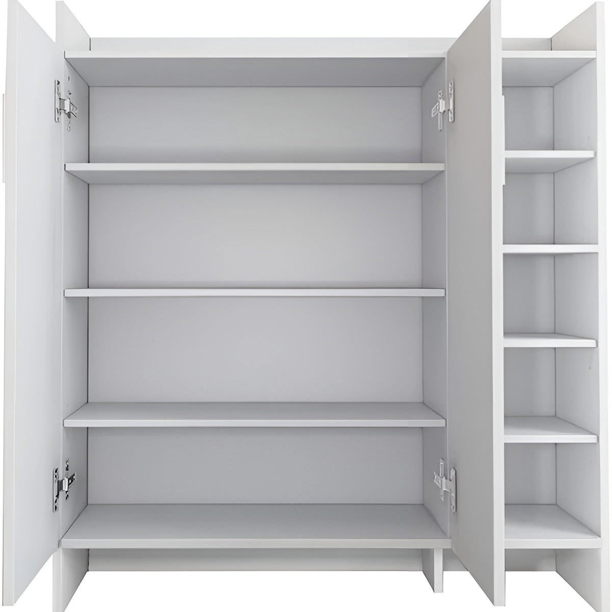 White wardrobe with open doors showing empty shelves on a white background