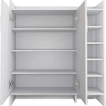 White wardrobe with open doors showing empty shelves on a white background