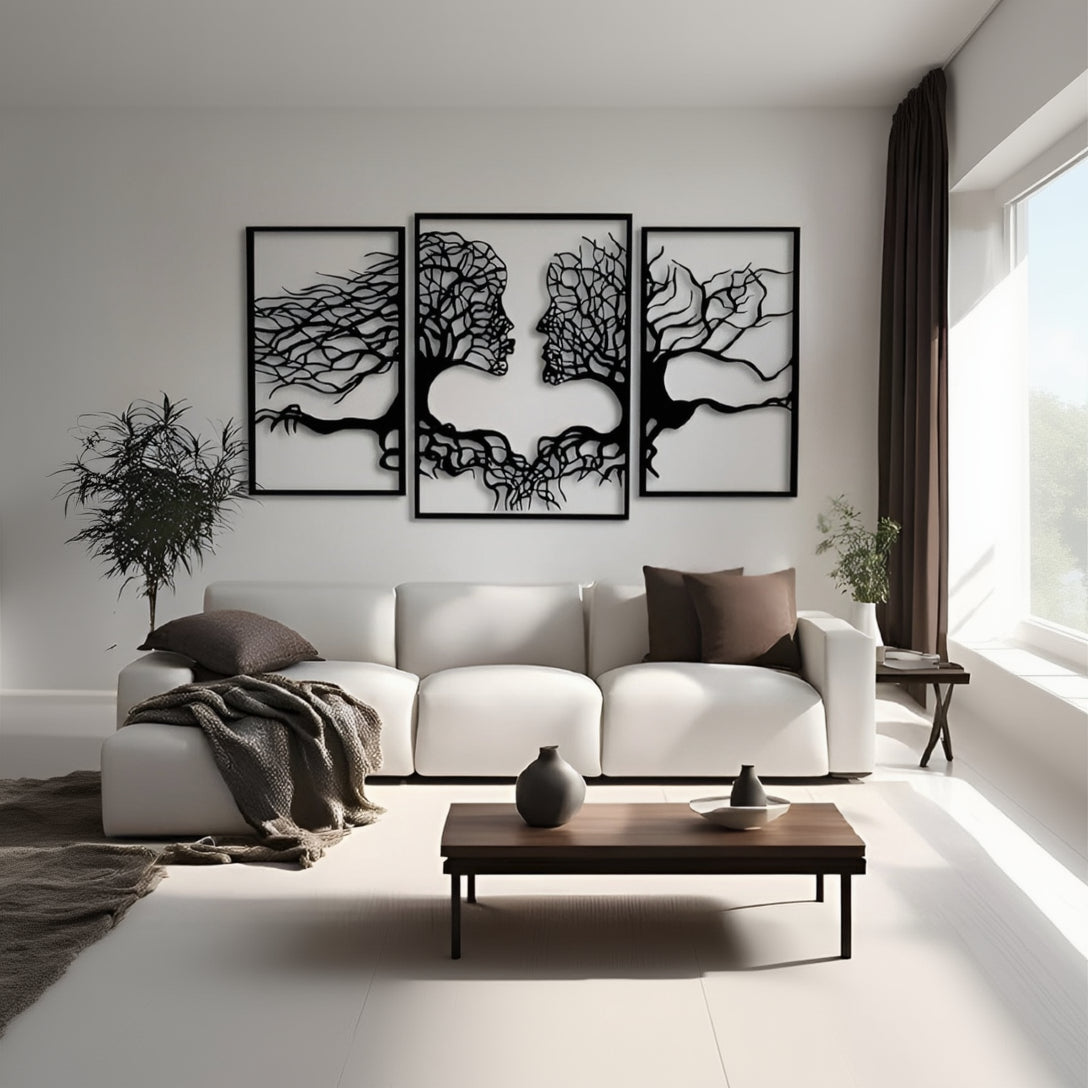 Modern living room with a white sofa, decorative pillows, and wall art.