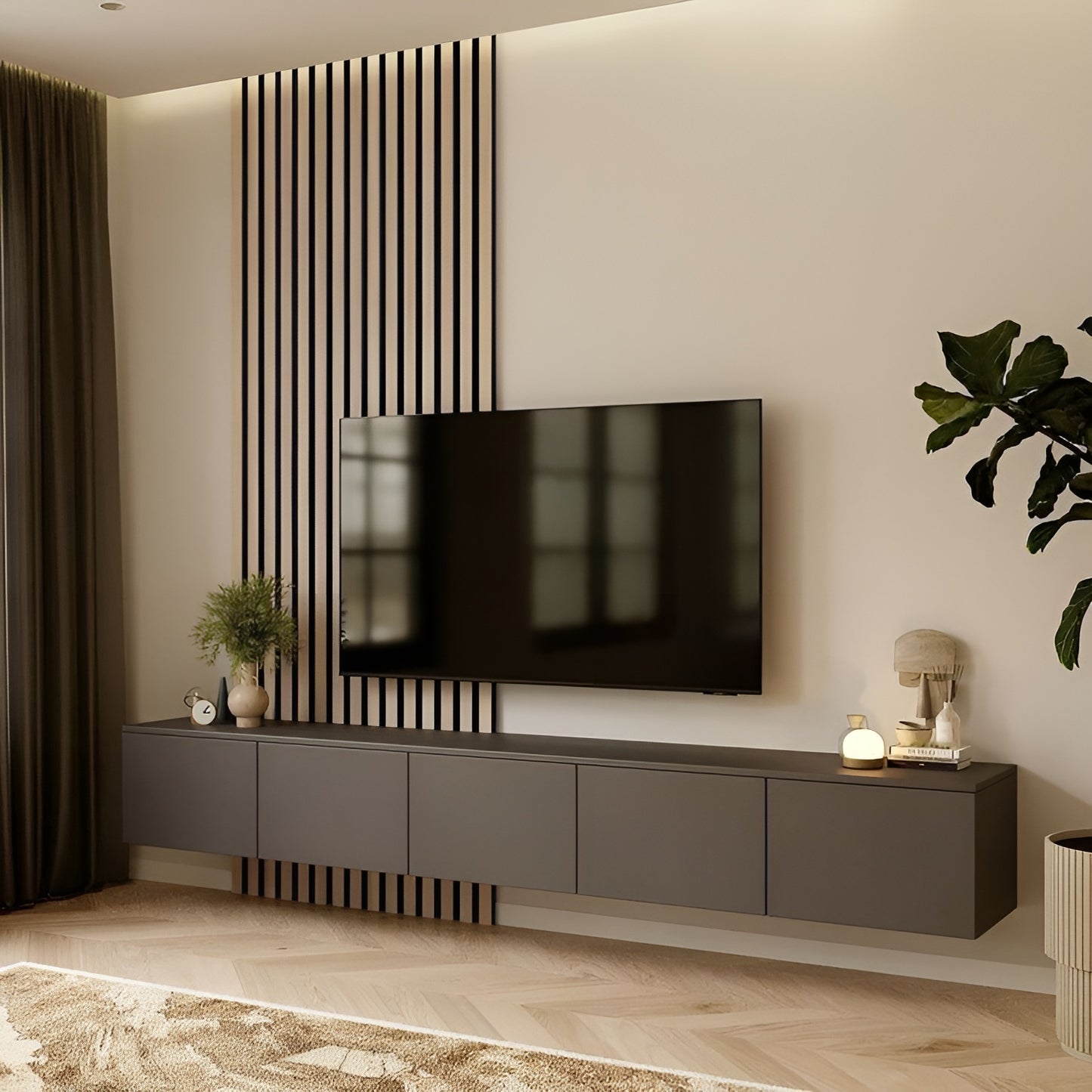Modern living room with a television mounted on a wall with decorative slats.