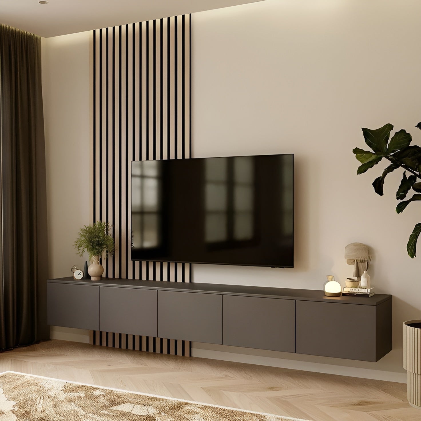 Modern living room with a television mounted on a wall with decorative slats.