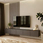 Modern living room with a television mounted on a wall with decorative slats.