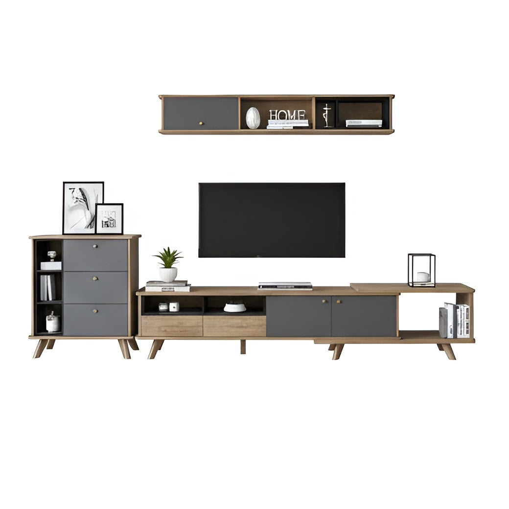 Modern TV stand with shelves and decorative items on a white background