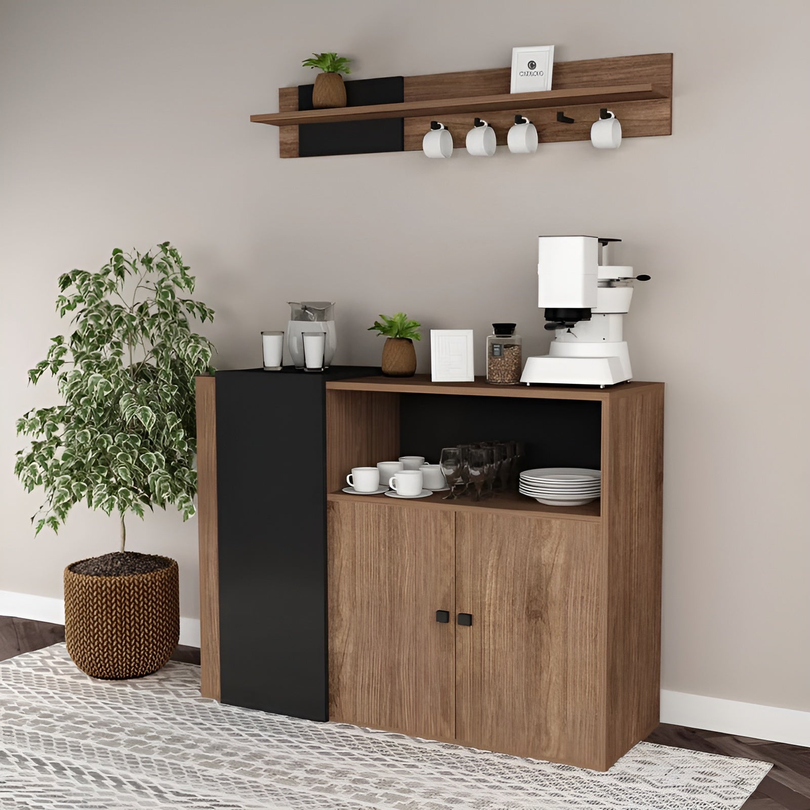 Coffee station with a wooden cabinet, coffee machine, and decor items against a beige wall.