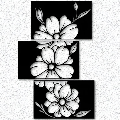 Set of three black and white floral designs on a textured white background