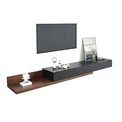 Modern entertainment console with a TV above it on a white background