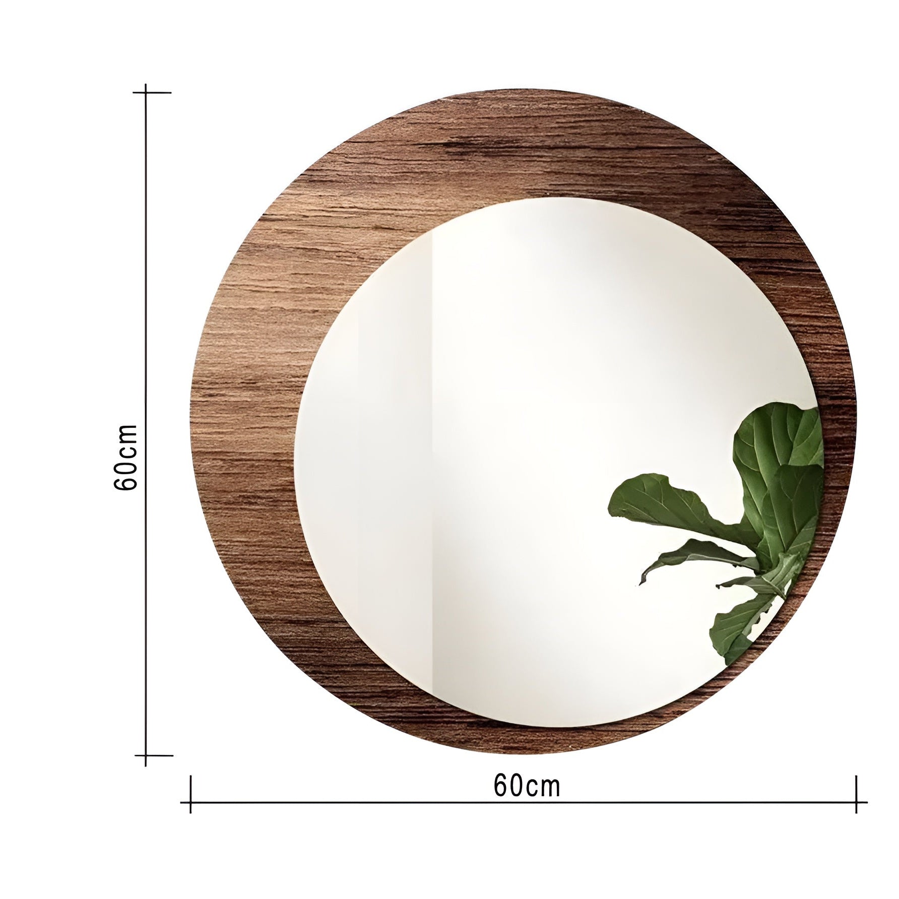 Round wooden frame with a white center and green leaves, dimensions indicated.