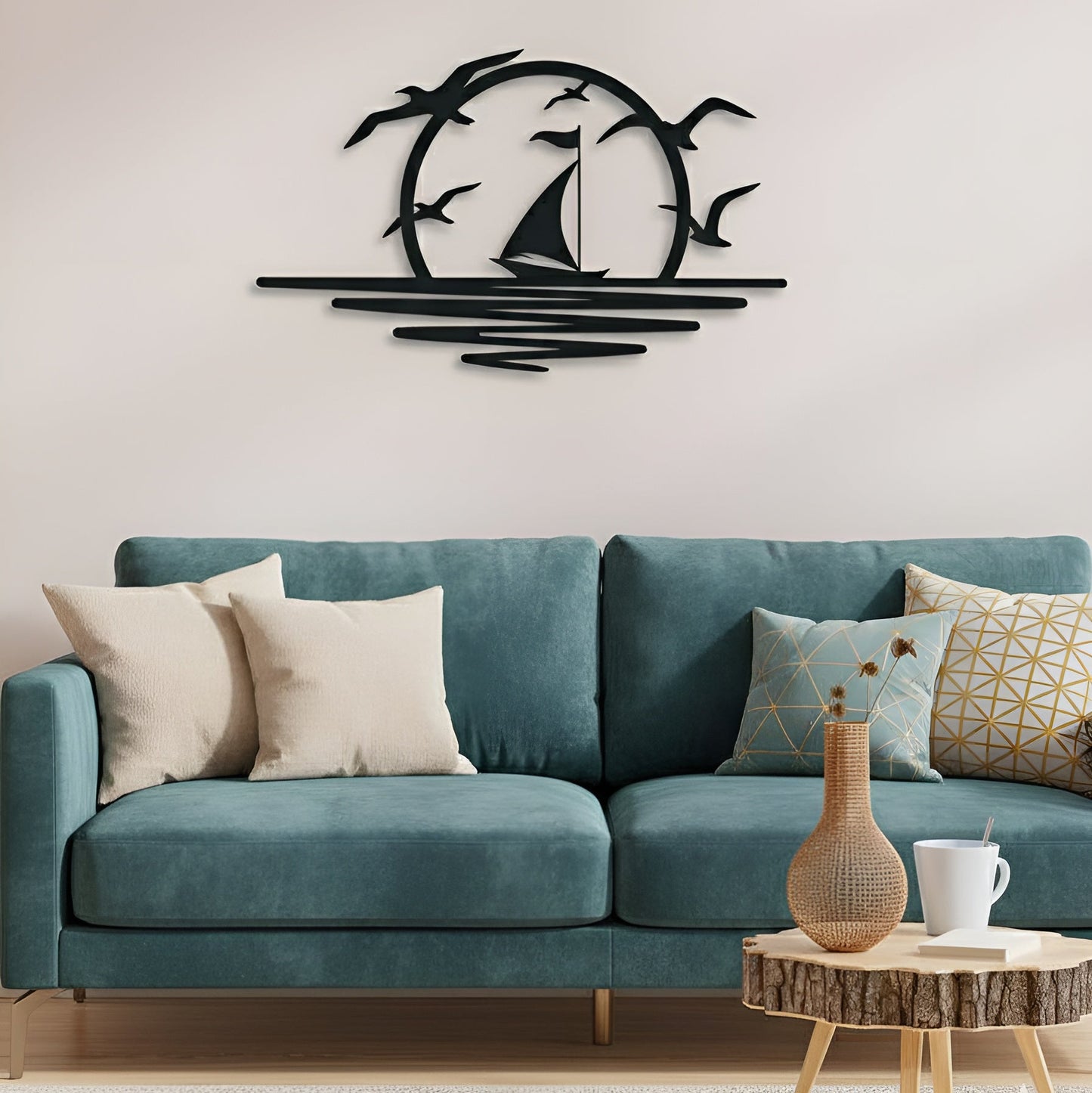 Decorative wall art above a blue sofa in a living room.
