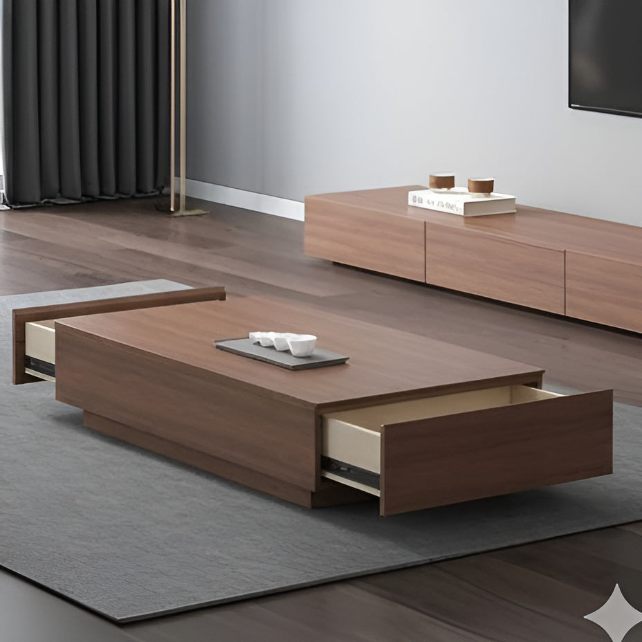 Wooden coffee table with a drawer in a modern living room setting.