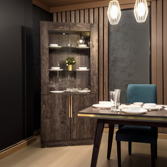 Wooden cabinet with glass doors in a dining room setting