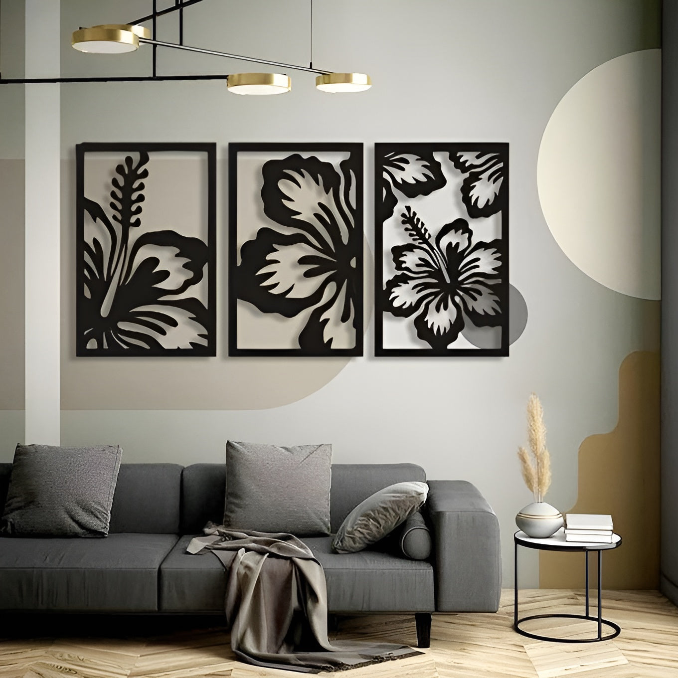 Modern living room with gray sofa, decorative pillows, and wall art.