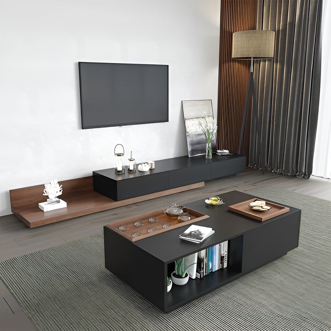 Modern living room with a black TV stand and coffee table.