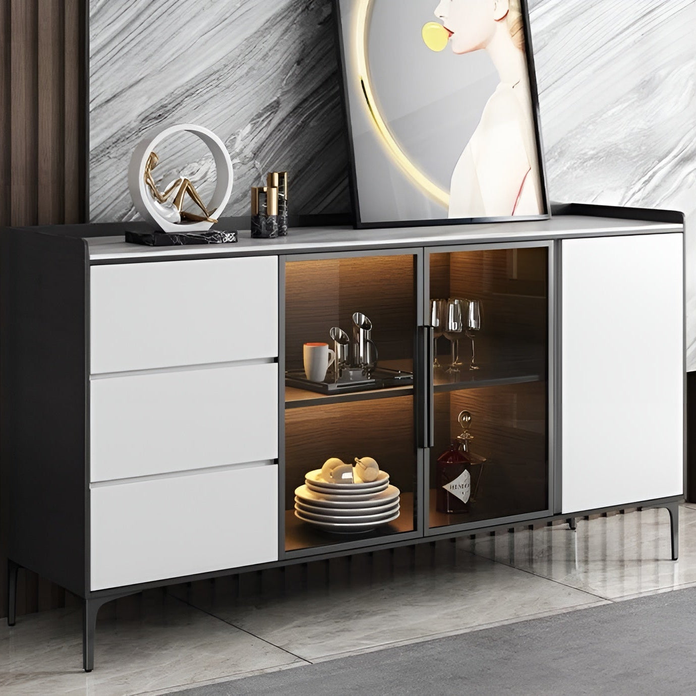 Modern sideboard with glass doors displaying items in a stylish interior setting.