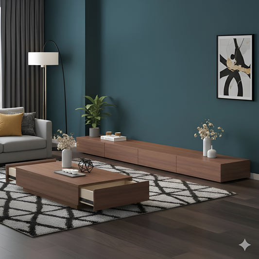 Modern living room with wooden coffee table, TV stand, and decor elements.