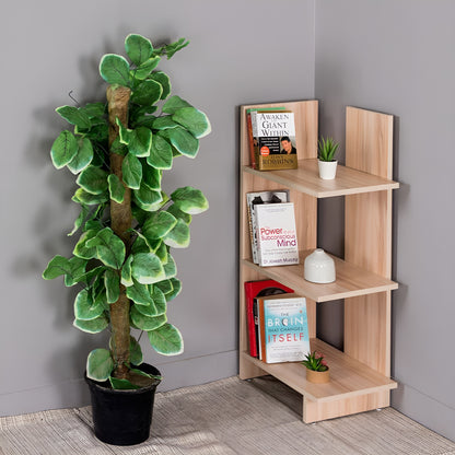Wooden bookshelf with books and a potted plant next to it against a gray wall.