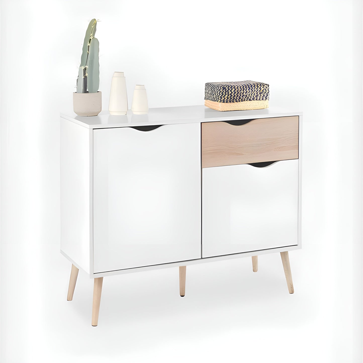 White sideboard with wooden drawers and legs on a white background