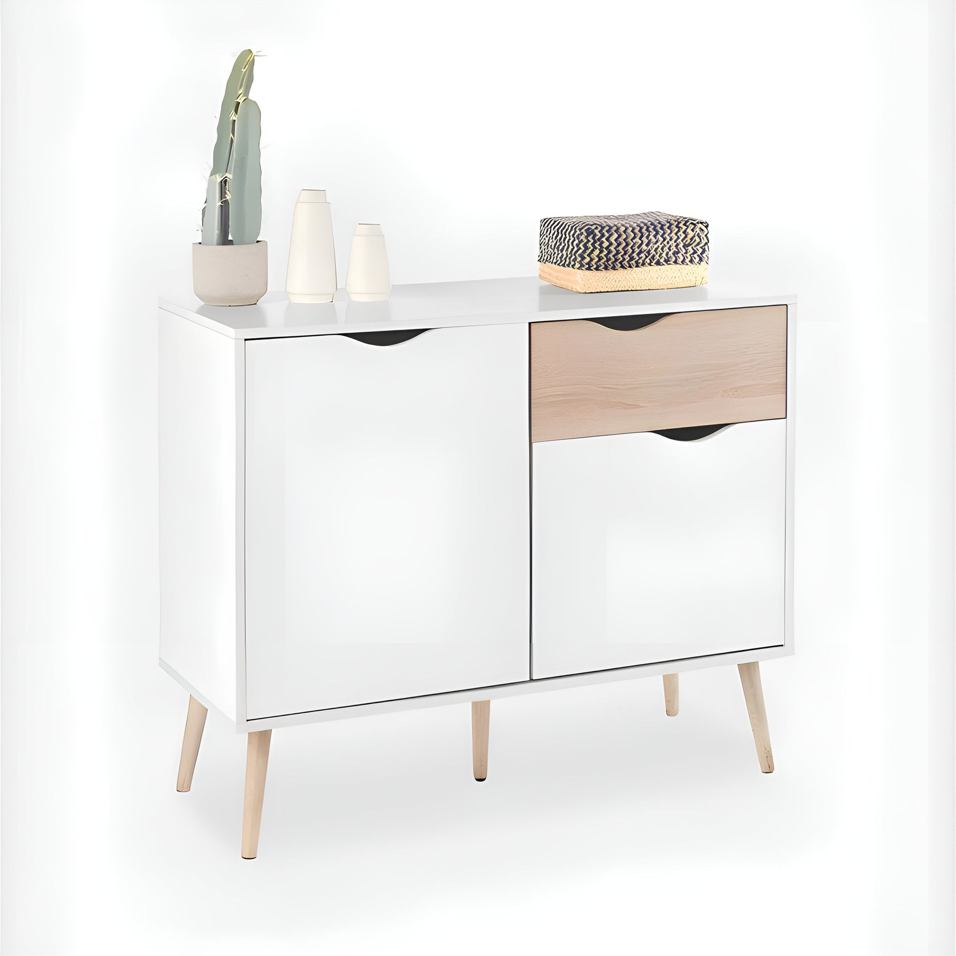 White sideboard with wooden drawers and legs on a white background