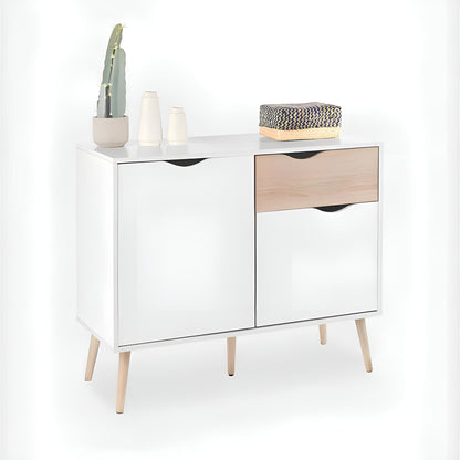 White sideboard with wooden drawers and legs on a white background