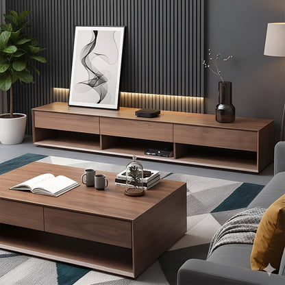 Modern living room with wooden TV stand and coffee table, featuring a plant and abstract art.