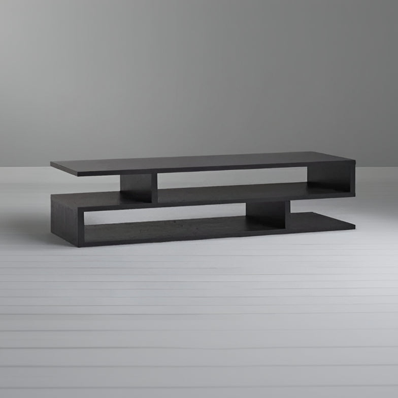 Modern black TV stand against a gray background
