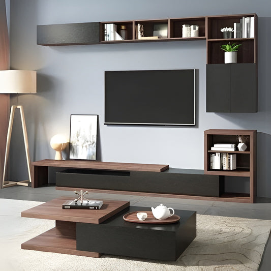 Modern living room with wooden TV stand, shelves, and decor items.