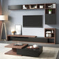 Modern living room with wooden TV stand, shelves, and decor items.