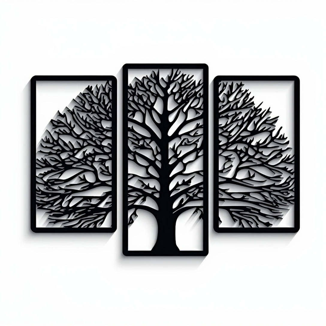 Three black tree-shaped wall art pieces on a white background