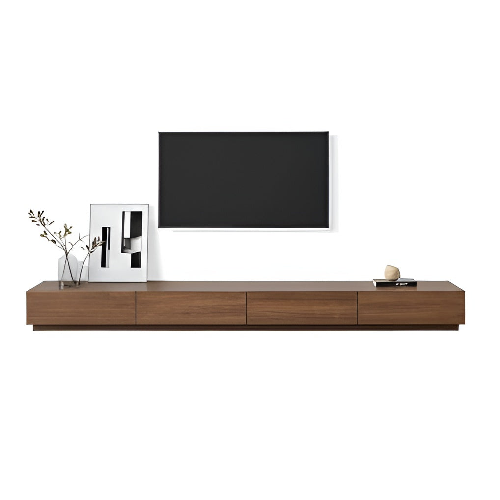Wooden TV stand with a television mounted on a white wall.